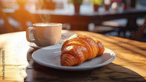 A cup of coffee with pastry croissant or cake on the table in a cafe.