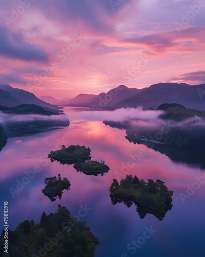 Stunning aerial sunset view of Loch Hena Tiko and Scottish lochs with misty mountains, reflecting pastel skies on tranquil waters amidst lush greenery. photo