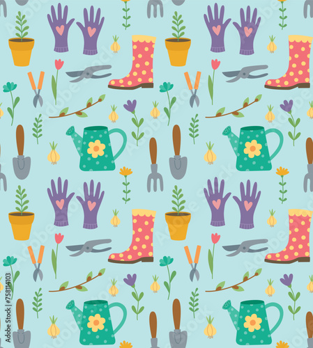 Seamless colorful pattern with garden equipment and plants. Vector backdrop in flat style	