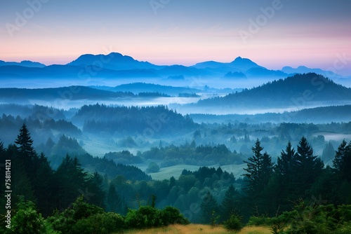 Sunrise over Oregon's Mountains: A Breathtaking View of Forested Valleys under a Clear Blue Sky.