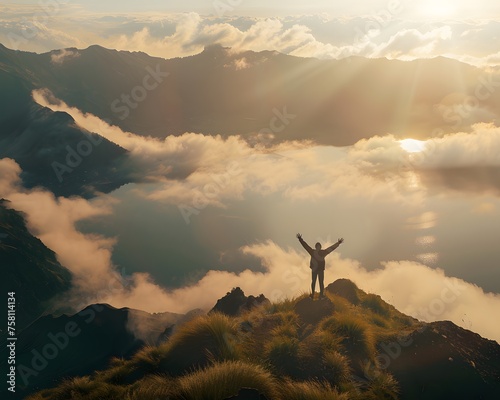 Victorious Summit: A Silhouetted Triumph Amidst Misty Peaks and Golden Light
