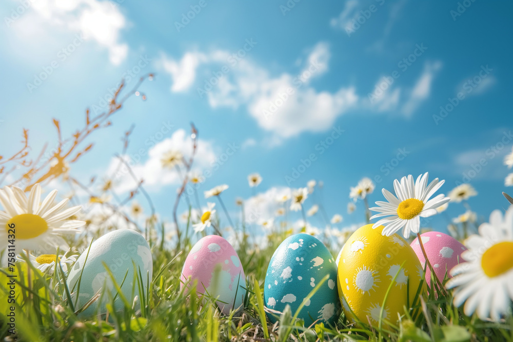 Colorful Easter eggs on a field with green grass. flowers and blue sky with clouds. Generative Ai