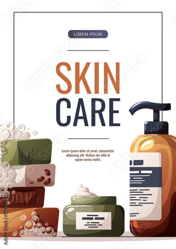 Flyer design with beauty creams, cosmetics, soap. Beauty, skin care, hair care, cleansing concept. Vector illustration for banner, promo, poster.