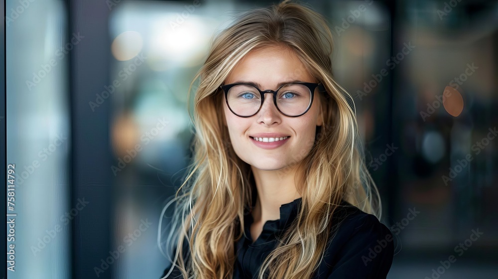 Beautiful young blonde businesswoman with glasses smiling confidently at camera, exuding professionalism and success Beautiful young blonde businesswoman with glasses smiling confidently at camera, exuding professionalism and success