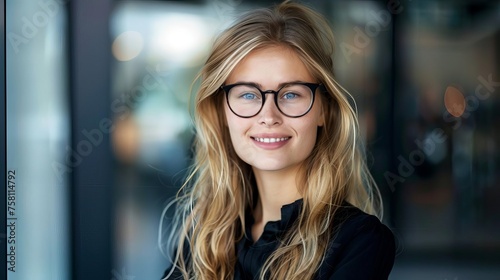 Beautiful young blonde businesswoman with glasses smiling confidently at camera, exuding professionalism and success
