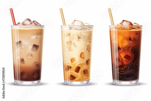 Hot and cold coffee beverage. Different types of drinks set. Espresso, americano cup, cappuccino and latte in paper mug, iced macchiato in glasses isolated on white background.