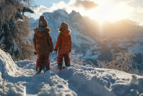 Two young children in winter attire gaze at a breathtaking sunset over a snow-covered mountainous landscape. Concept: winter family sports and recreation