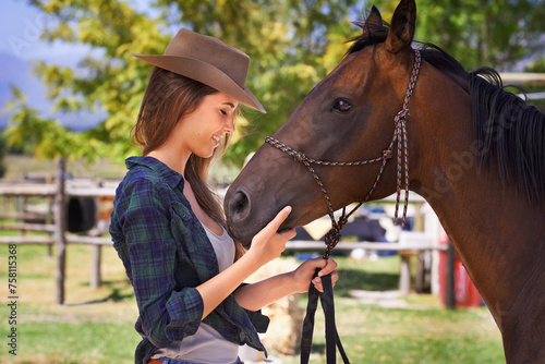 Cowgirl, happy and woman with horse at farm outdoor in summer or nature in Texas for recreation. Western, smile and female person with animal at ranch, pet or stallion in the countryside together