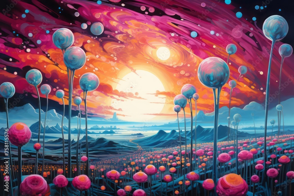 A surreal dreamscape where colossal metallic flowers, bloom in a vibrant, otherworldly sky filled with hues of magenta and teal. - obrazy, fototapety, plakaty 