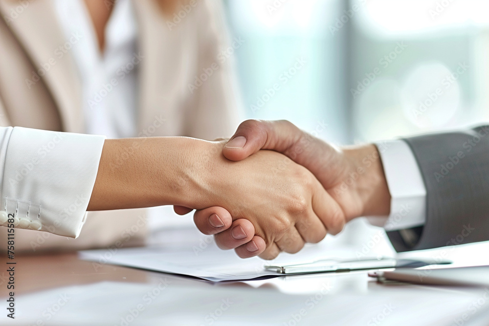 Obraz premium moment of agreement and mutual respect in business, with a contract laid out prominently, while a businesswoman and man seal the deal with a handshake in the background, gentle whi