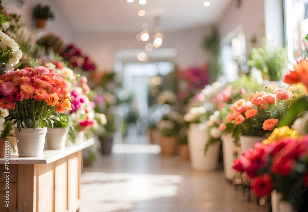 Blurred image of a bright florist shop, generative AI