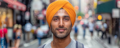 Happy Indian man in orange turban on street portrait closeup. Young immigrant arrives to western country to study and work. Relocation opportunities. photo