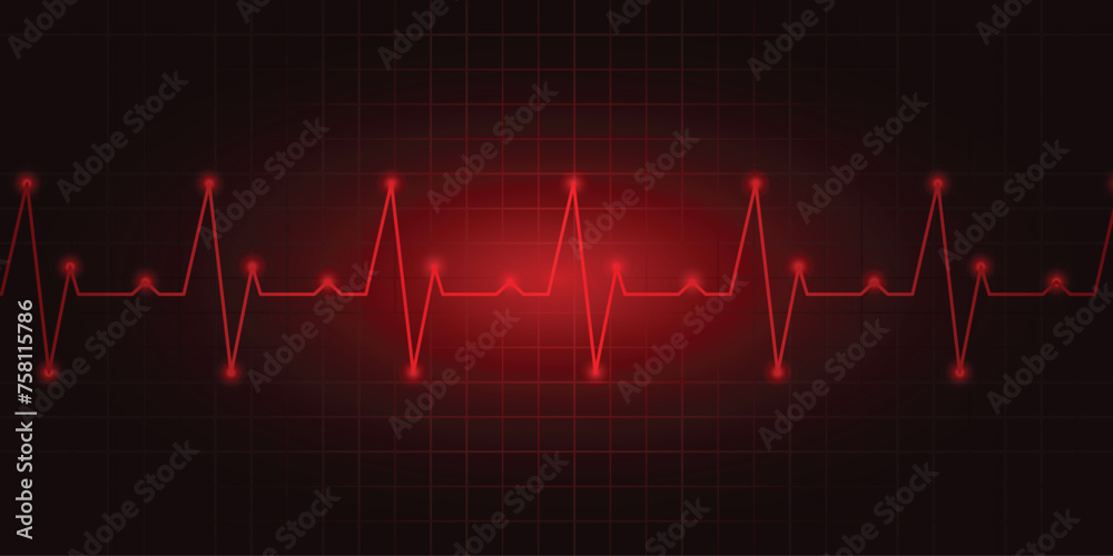 Heart rate cardiogram, heart rate indicators, EKG monitoring, electrocardiogram. The illustration is in red colors and the background is dark red with a grid.