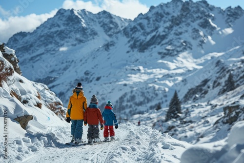 Family in colorful winter clothing walks on a snowy path with a breathtaking view of the mountain peaks ahead. Concept: winter family sports and recreation