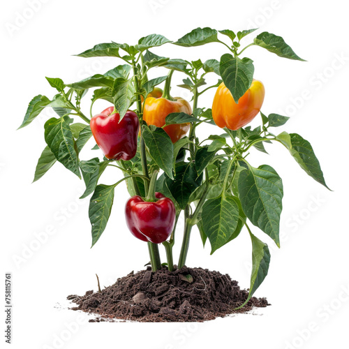 Big ripe sweet bell peppers vegetables, paprika plant on transparent background