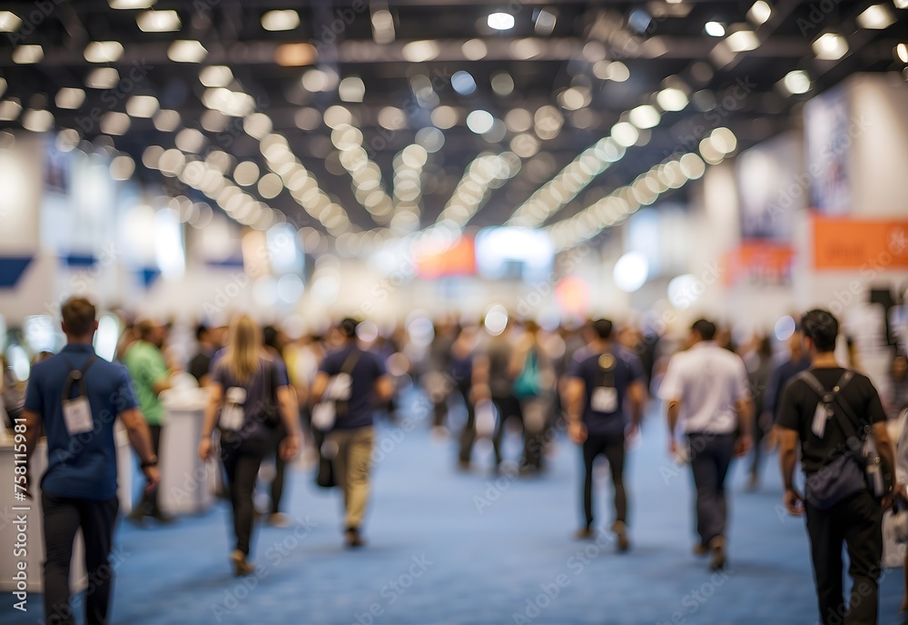 Blurred image of a bustling trade show floor, Generative AI