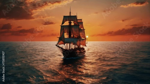 Ship sails on the ocean with a beautiful sunset view background