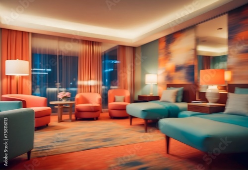 Blurred image of a themed hotel suite, generative AI © Zohaib