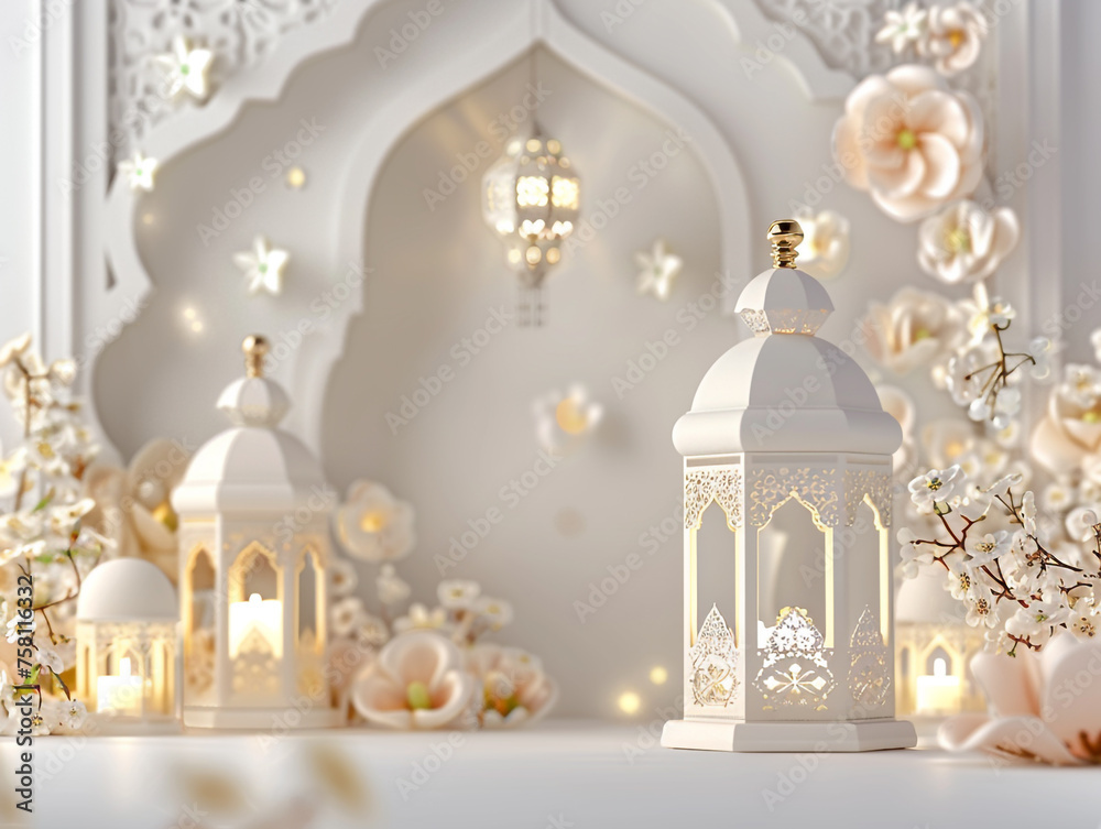 Ramadhan and Eid greeting card with 3D decoration of traditional Arabic lamps and flowers. Ramadhan and Eid greeting card with 3D decoration of traditional Arabic lamps and flowers.