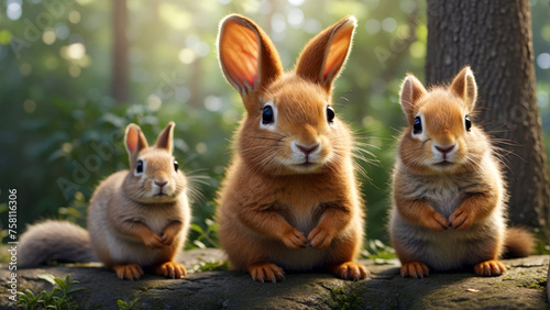A rabbit with two squirrels in the forest