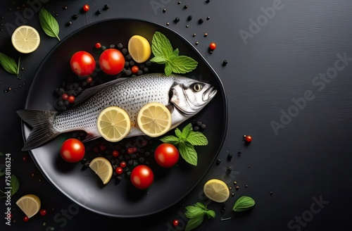 Whole fish lying on a black dish with lemon slices, mint leaves and cherry tomatoes, dark background, banner with space for text