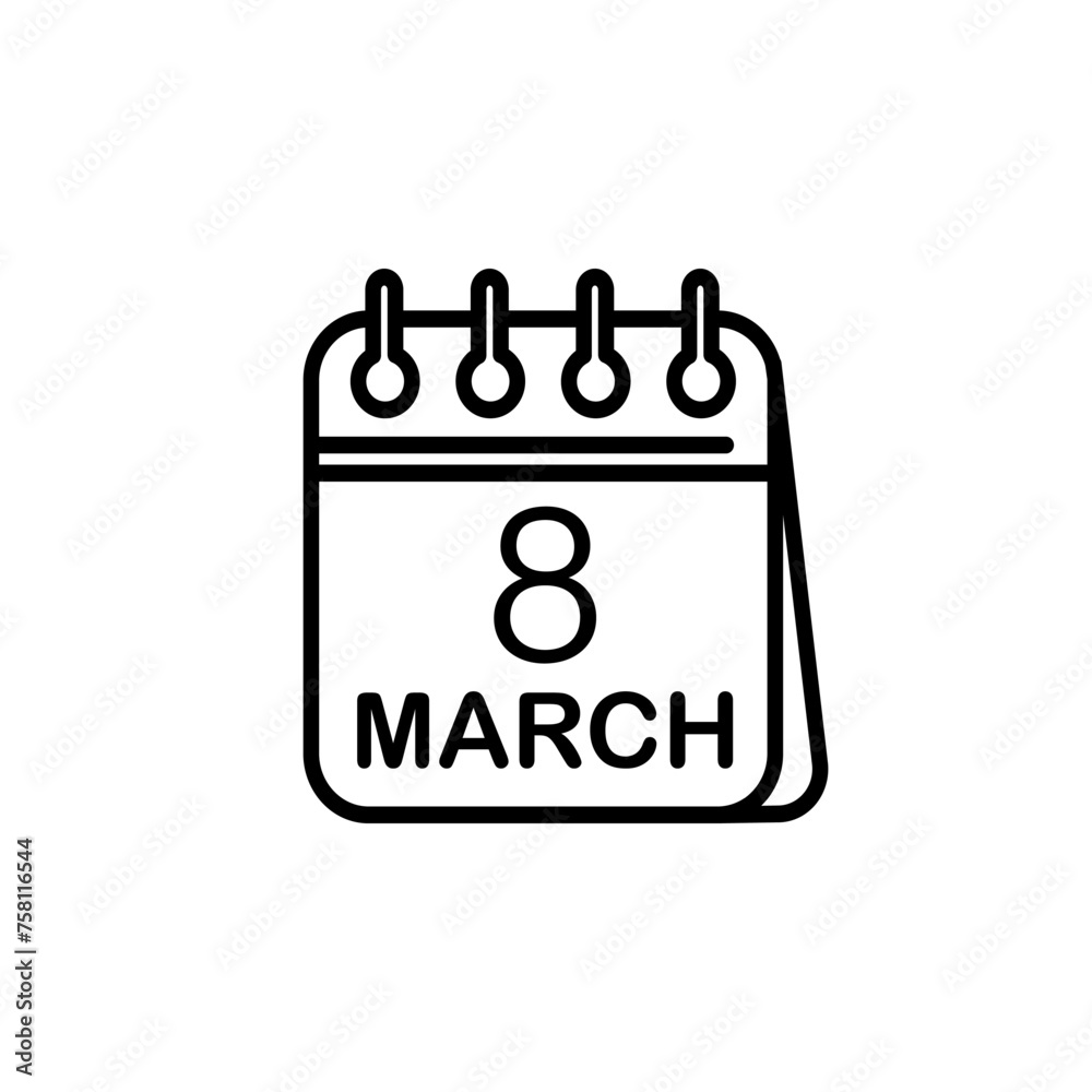 8 march in calendar vector line symbol. Women's day sign. International Women's day icon. 8 march in calendar vector line symbol. Women's day sign. International Women's day icon.