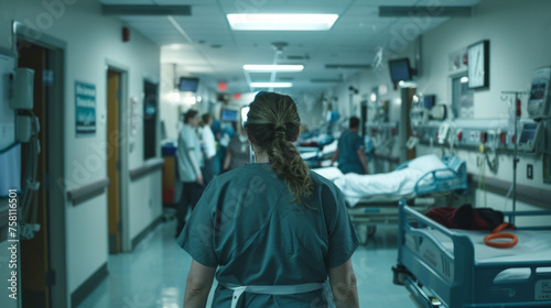 A focused nurse moves purposefully through a hospital hallway past patient rooms