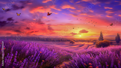 Beautiful landscape sunset field with lavender flowers.