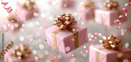 3D rendered pink gift boxes with golden bows and particles on a soft focus background. Celebration gifts concept for banner and poster