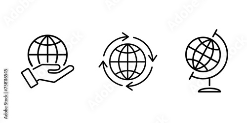 Hand holding globe vector icon. Worldwide Shipping sign. School globe outline symbol.