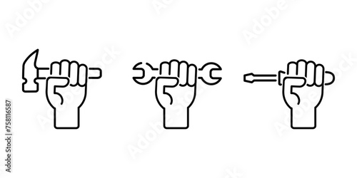 Working tools icon. Hammer, spanner and screwdriver symbols. Repairer with equipment icon set. Mechanic sign. Labour day pictogram.