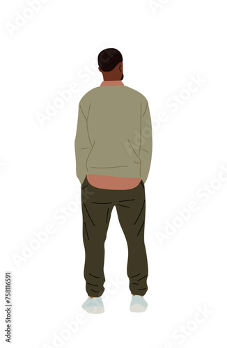 Black man standing full length rear view. African american guy in casual clothes from behind, turned back. Character backside. Vector flat illustration isolated on transparent background.