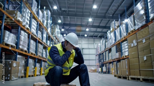 Warehouse Night Shift: Exhausted Worker Taking Break, Feeling Overwhelmed by Logistics Chaos Concept