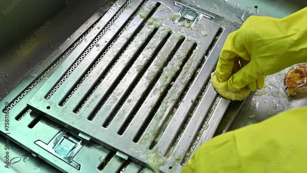 Housekeeping rubbing surface of stained cooker hood filters by hands