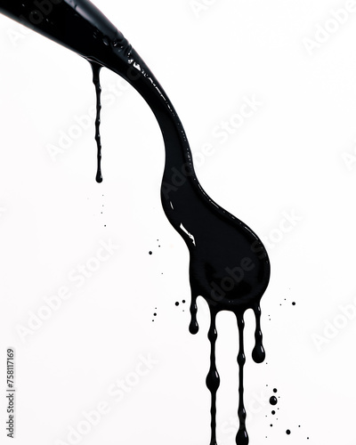 Grungy black ink splash on white paper, drops flow down, splash