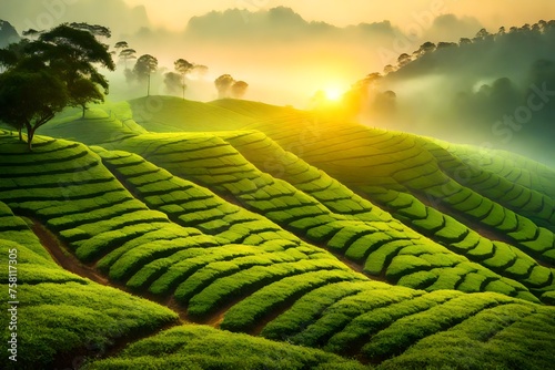 Green tea plantation at sunrise time, natural background, curved green tea plantation with fog at sunrise