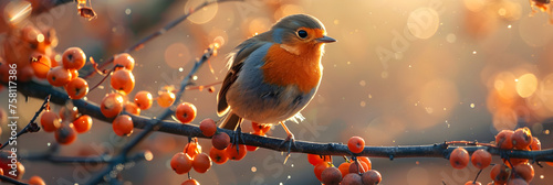 bird with an orange and black chest sits on a branch with berries, Low angle view of bird perching on twig