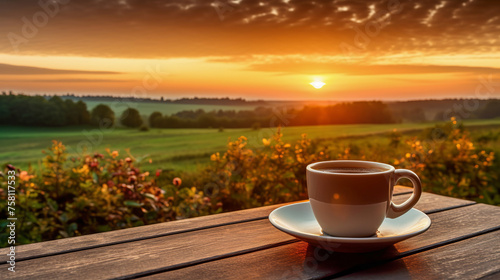 A cup of coffee on a table in front of a field with at sunset.