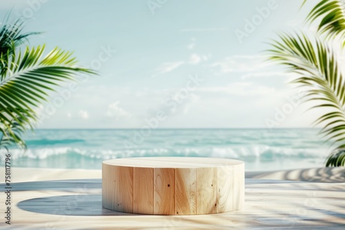wooden podium with the sea tropical summer beach on background, for product display and presentation