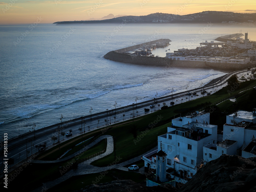 Panoramic morning view at seaside of Gibraltar strait in Tangier Morocco
