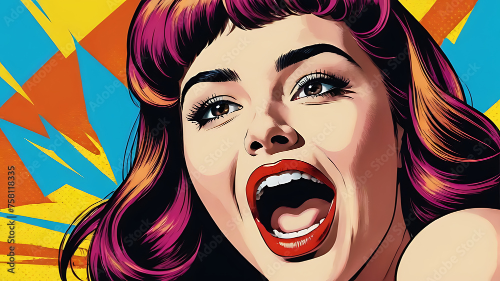 The girl screams and smiles in a comic book style