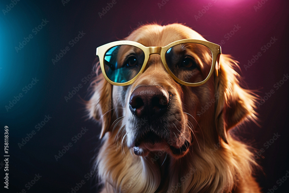 golden retriever dog wearing glasses in an isolated background 