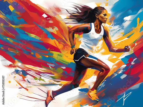 Sprinting across vibrant dreams, athletic woman races amidst abstract backdrop, dynamic illustration celebrating sportsmanship and movement in competitive tournaments and olympic games.