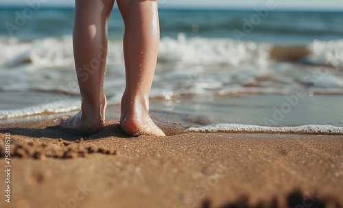Legs of children stand on the beach