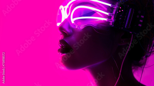 Portrait of cyborg, glowing neon lights, futuristic mental technology