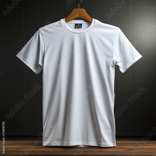 Blank White T-Shirt with Hanger Isolated on Wooden Background. Short Sleeve T-shir