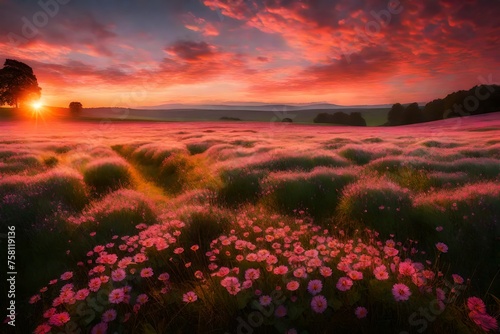 A rolling meadow at sunrise with neon peach veins in the flowers and grass