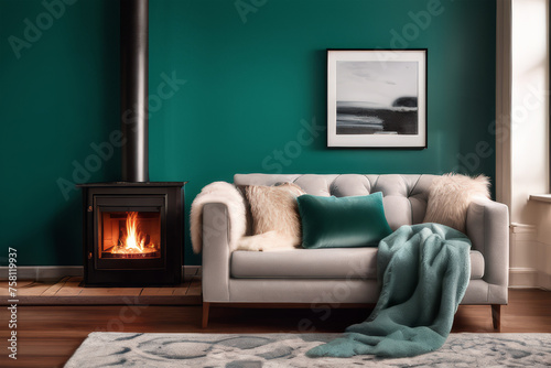Rustic sofa with fur pillow and blanket near fireplace against turquoise wall with poster. Home interior design of modern living room. © MridulKanti