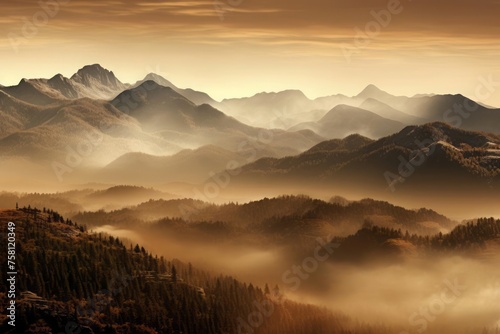Fog coming in over mountains at sunrise © DK_2020