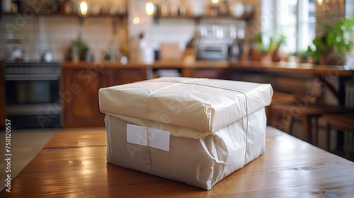 White parcel with blank tag on wooden table in modern kitchen. Delivery service concept, mock up